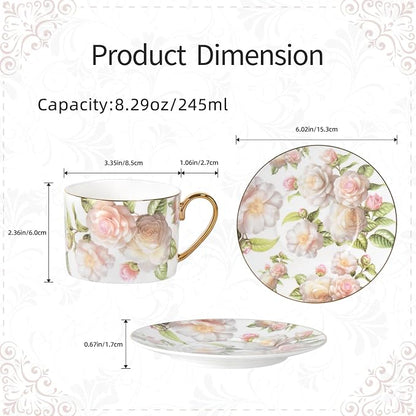 KAMMAK Tea Cups and Saucers Set of 2, Porcelain Coffee Cups, JBE027 | Stackable - Image 2