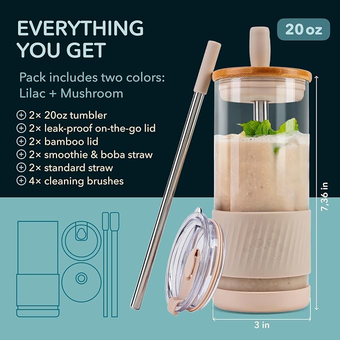 Pandaloo® Glass Cups With Lids and Straws -20 Fl Oz- Perfect Size Iced Coffee - Image 2