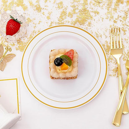 I00000 144 Small Plastic Dessert Plates Set Include 72 Pcs Gold Dessert Plates 7.5" with 72 Pcs Forks 7.5",Disposable Cake Plate,Fancy White Gold Plastic Small Plates for Party