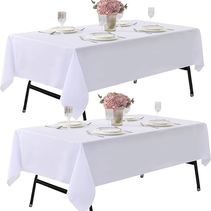 2-Pack 60x60 inch White Table Cloths, Solid Stain and Wrinkle Resistant Tablecloth, Premium Plain Weave Polyester Fabric Rectangle Table Linen Covers for Hotel, Banquet