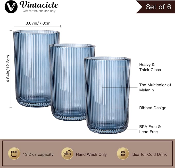 Blue Ribbed Highball Glasses Set of 6, 13.2oz Midnight Blue Colored Glassware - Image 2