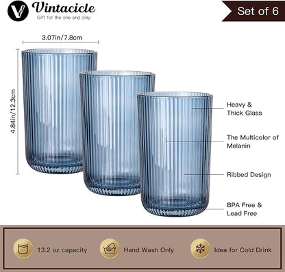 Blue Ribbed Highball Glasses Set of 6, 13.2oz Midnight Blue Colored Glassware - Image 2