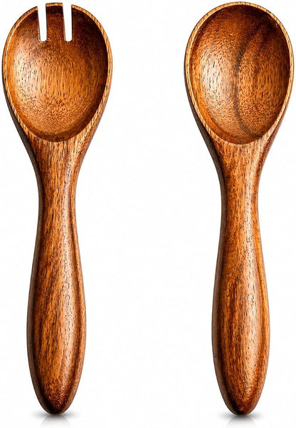 6 Inch Acacia Wood Salad Server Set Wooden Mixing Tongs Dinner Fork & Spoon by TheGreatIndianBazaar