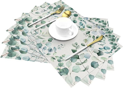 Eucalyptus Leaves Placemats Set of 4 Washable Table Place Mats for Dining Kitchen Party Decor