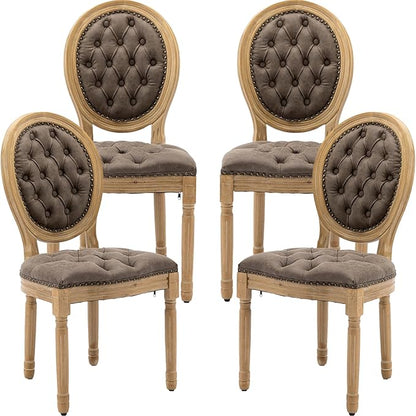 Vintage French Dining Chairs Set of 4, Round Back PU Leather Upholstered Accent Chairs with Nailhead Trim and Solid Wood Frame, Farmhouse Sillas de Comedor for Dining Room & Kitchen, Distressed Brown