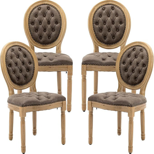 Vintage French Dining Chairs Set of 4, Round Back PU Leather Upholstered Accent Chairs with Nailhead Trim and Solid Wood Frame, Farmhouse Sillas de Comedor for Dining Room & Kitchen, Distressed Brown