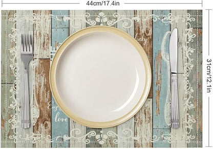 Vintage Farmhouse Placemat Set, Green Blue Rustic Wooden Plank Art Sketch Cutlery Knife Fork Inspirational Quotes Pattern Home Decor Linen Table Mats for Dining Room Kitchen Party (17x12in) x4P