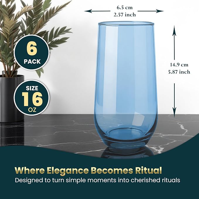 Blue Drinking Glasses Set of 6 | 16 oz Blue Glass Cups | Highball Drinkware - Image 2