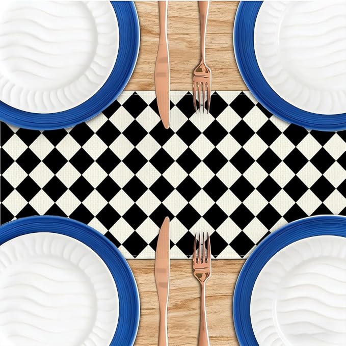 Black Beige Diamond Plaid Table Runner, Home Farmhouse Dining Halloween | Long - Image 4