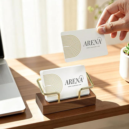 Business Card Holder for Desk, Minimalist Wooden Desk Organizer with Brass Metal Frame, Stylish Office & Home Decor for Professional Card Display(Walnut Rectangle)