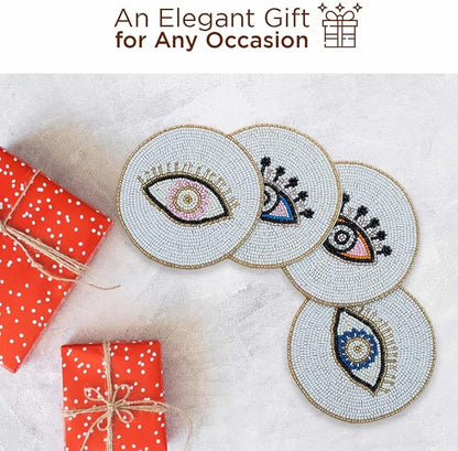 Folkulture Coasters Set of 4 | Beaded Hand-Crafted Evil Eye 2.0 Handmade Boho - Image 8