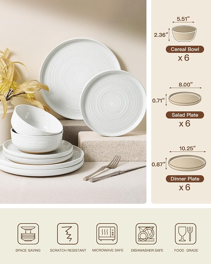 Stoneware Dinnerware Sets for 6, Plates and Bowls, Chip & Scratch Resistant - Image 8