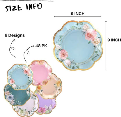 Winoo Design Floral Paper Plates - 48 PK - 9 Inch Flower Party Plates Floral Disposable Plates for Tea Party Baby Shower Brial Shower Birthday Wedding