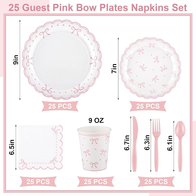 Natnarr 25 Set Pink Bow Birthday Decorations Cute Bow Plates Napkins Set | 9" - Image 2