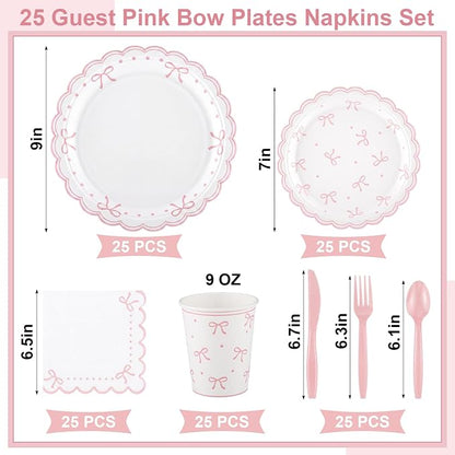 Natnarr 25 Set Pink Bow Birthday Decorations Cute Bow Plates Napkins Set | 9" - Image 2