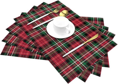 Christmas Place mats Set of 4, 12x18 Inches Red Green Plaid Decorative Placemats Rectangle Winter Table Mats for Party Home Kitchen Dining Table Decoration