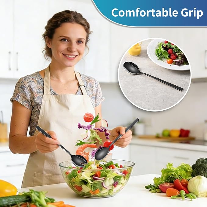 Black Salad Utensils Set, 9.4 Inch Stainless Steel Salad Tossing Spoon And Fork - Image 4