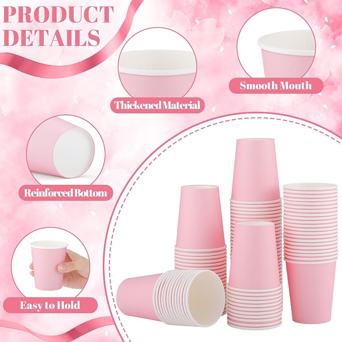NatNarr 100 Pack Pink Paper Cup, 9oz Pink Party Cups Drinking Cups | Disposable - Image 4