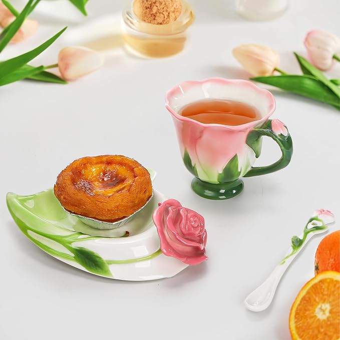 Cididu Pink Tea Cups with Saucer and Spoon, 4.5 Oz Small Ceramic Rose Flower - Image 7