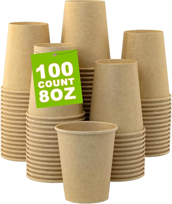8 oz 100 Pack Disposable Coffee Cups, Bulk Brown Disposable Paper Cups by COOLCAP