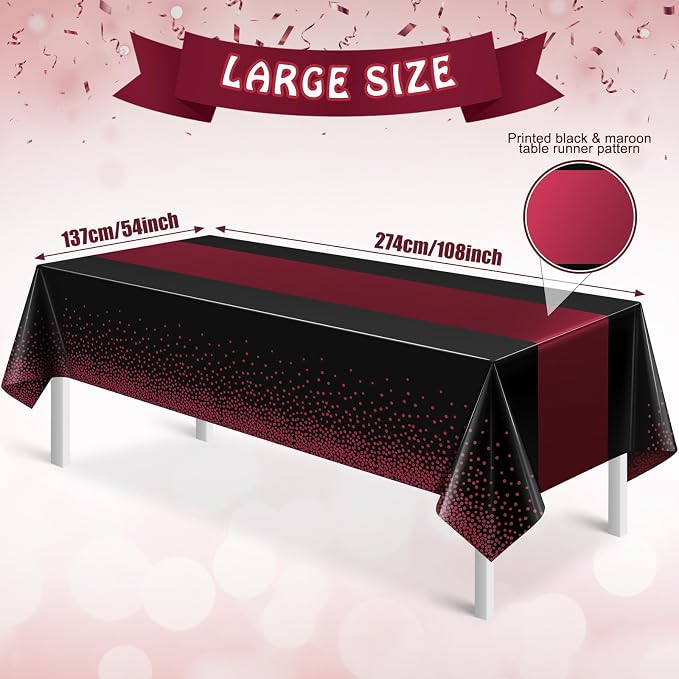 1Pcs Black and Maroon Tablecloth Party Decorations, Plastic Black Table Cloth - Image 2