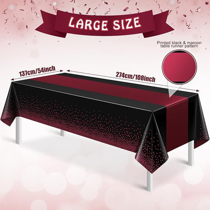 1Pcs Black and Maroon Tablecloth Party Decorations, Plastic Black Table Cloth - Image 2