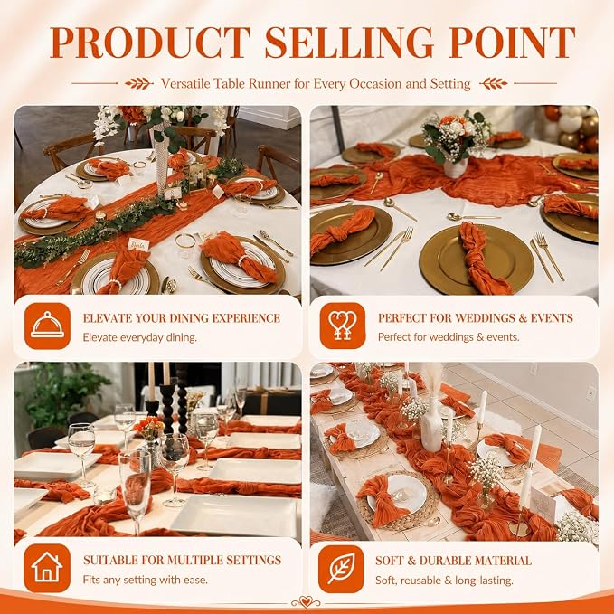 2 Pack Orange Cheesecloth Table Runner 17x108 Inch Boho Rustic Semi Sheer Gauze - Image 7