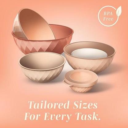 COOK WITH COLOR Mixing Bowls with Lids - 12 Piece Plastic Nesting Bowls Set includes 6 Prep Bowls and 6 Lids, Diamond Design - Microwave Safe, Orange