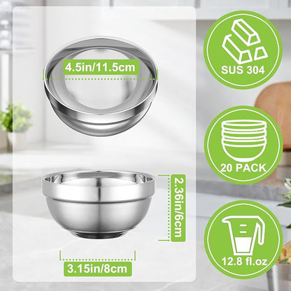 Stainless Steel Bowls Bulk, 20 Pack 4.5in 12.8oz 380ml Mini Small SUS304 Double Wall Insulated Stackable Metal Eating Bowl Containers for Restaurant Serving Snacks Ice Cream Soup Cereal Rice