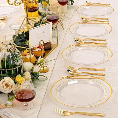 I00000 60PCS Clear Gold Plastic Plates, Clear Plates With Gold Rim 10 Inch,Fancy Disposable Wedding Plate Heavy Duty Plastic Plate for Birthday, Wedding & Party