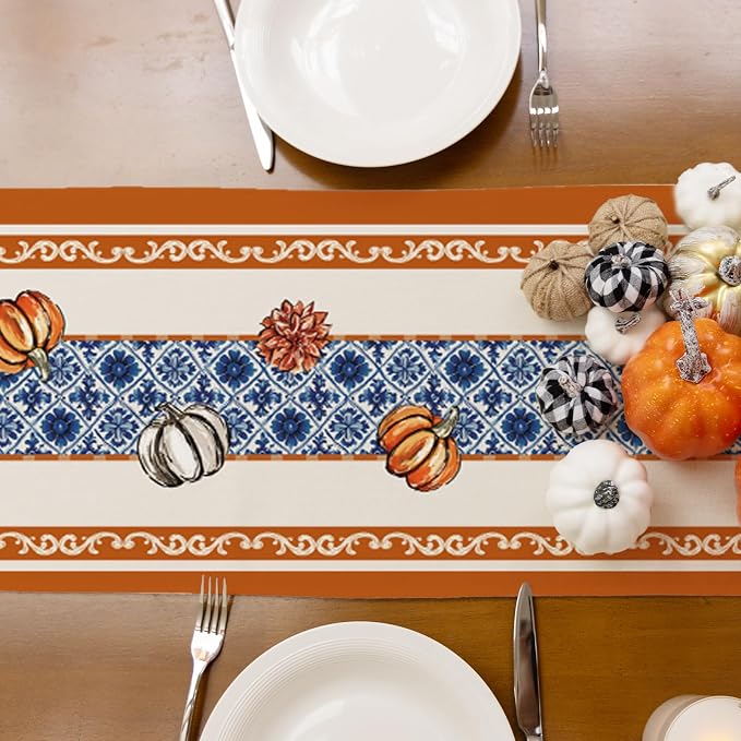 Fall Floral Chinoiserie Pumpkin Table Runner Rustic Burlap Table Runners - Image 8