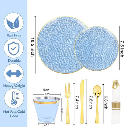 Rubtlamp 100 Guest Blue Gold Plastic Dinnerware Set,Clear Blue Disposable With Gold Rim, Hammer Fancy Party Plates Include 100Dinner Platos,100Cake Platos,100Cups,100 Pre Rolled gold Cutlery