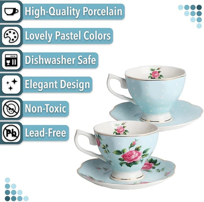 BTaT- Floral Tea Cups and Saucers, 8 oz, Fine Porcelain Teacup Set - Image 4