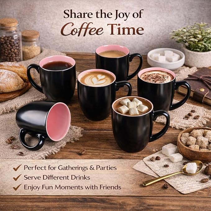 GBhome 16 oz Coffee Mugs Set of 6, Ceramic Coffee Cups- Pink - Image 6