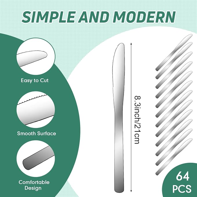 Therwen 64 Pieces Dinner Knives Set Stainless Steel Knife 8.43 Inches Silver - Image 2