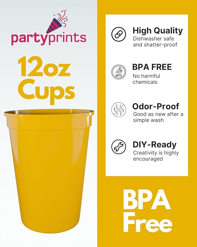 PartyPrints 100 Pack Small 10 to 12 oz Yellow Reusable Blank Plastic Cups - Image 6