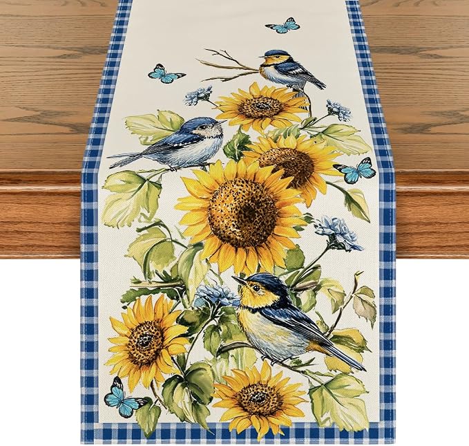 Artoid Mode Buffalo Plaid Bird Butterfly Sunflower Spring Table Runner by ArtoidMode