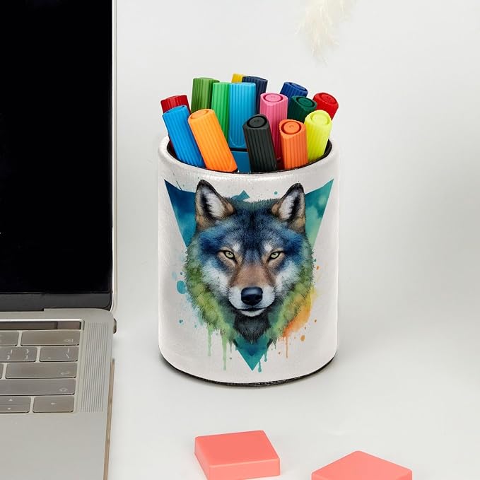Leather Pen Holder for Desk, Watercolor Wolf Pencil Cup Pen Organizer Makeup - Image 5