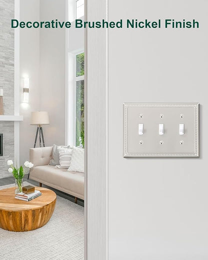 2-Pack Triple Toggle Light Switch Cover Plate, Pearls Decorative Switch Plate Covers, Brushed Nickel 3 Gang Metal Wall Plate
