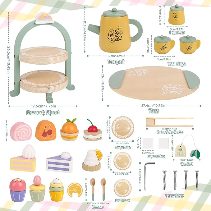 Wooden Tea Party Set for Little Girls Pretend Food Play for Toddler 3-5 | Kids - Image 2