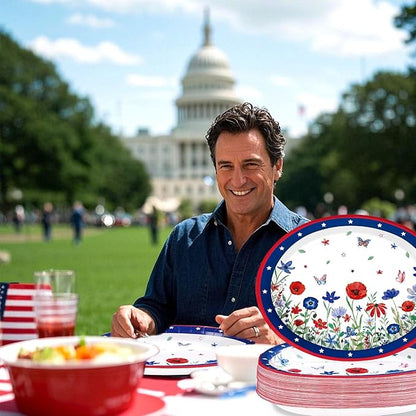 Grencian 50 Pcs 4th of July Flower Oval Paper Plates 10" × 12" Heavy Duty American Flag Plates Disposable Patriotic Platters for Independence Day Memorial Day Veterans Day Party Supplies Decor
