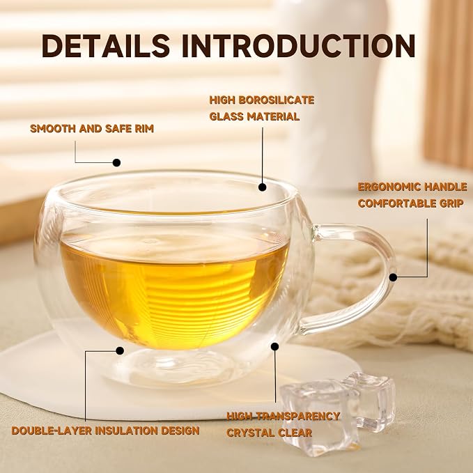 Double Wall Insulated Glass Tea Cups Set of 4, Teacups Coffee Mugs - Image 5