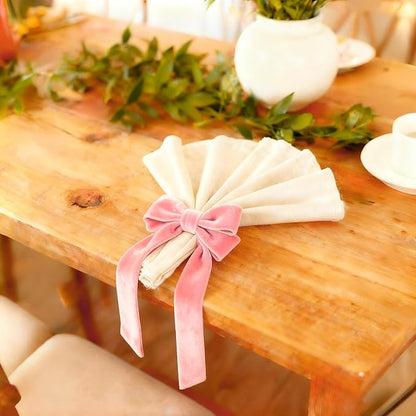 Bow Napkin Rings Set of 6 Luxury Soft Pink Velvet Napkin Holders, Elegant Bow Design for Christmas Holiday Dinner Wedding Party Table Decor