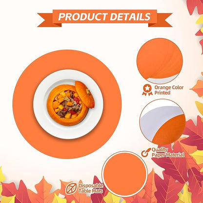 50 Pieces Orange Paper Place Mats Fall Pumpkin Spice Color Round Disposable Table Mats Thankgiving Decorative Placemats for Orange Party Supplies Home Dining Tableware Decor