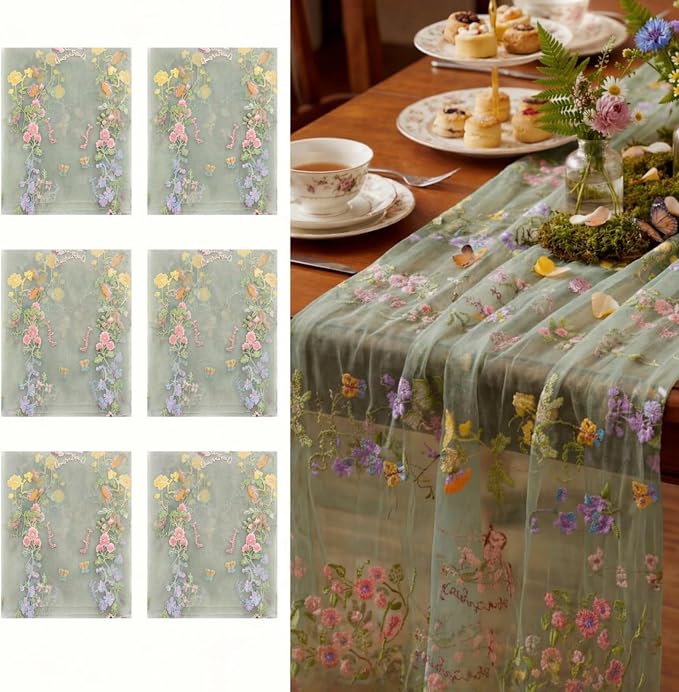 Sage Green Floral Table Runner 10ft Embroidery Tulle Spring Wildflower Gauze by Windkream
