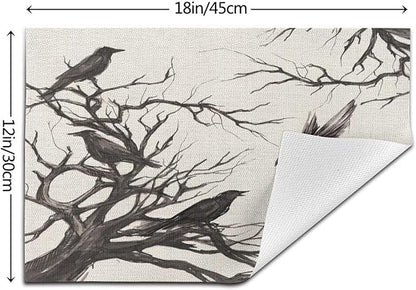 Halloween Placemats 12x18 Inches Set of 4,Black Crows Decorative Rectangle Autumn Halloween Decoration Fall Linen Black Table Mats for Party,Home Kitchen,Dining Table Decorn