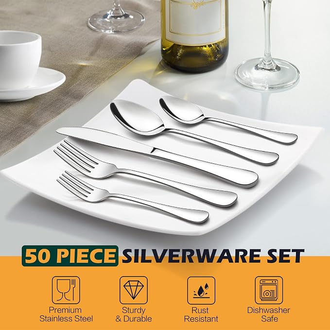LIANYU 50 PCS Silverware Set for 10, Stainless Steel Cutlery Set | Flatware - Image 3
