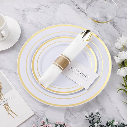 BESTVIP 525PCS Gold Plastic Dinnerware Set for 75 Guests, Disposable Plates for Party, Include: 150 Plastic Plates, 75 Pre Rolled Napkins with Gold Silverware, 75 Cups for Christmas, Halloween