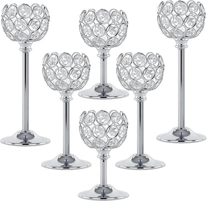 Crystal Metal Tealight Candlestick, Bling Bowl Candelabras, Tall Crystal Candle Holders Elegant Candle Centerpiece for Dining Table Wedding Home Mantel Decor (Silver, 2 Sets(6 Pcs))