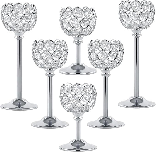 Crystal Metal Tealight Candlestick, Bling Bowl Candelabras, Tall Crystal Candle Holders Elegant Candle Centerpiece for Dining Table Wedding Home Mantel Decor (Silver, 2 Sets(6 Pcs))